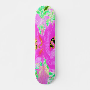 Two Hot Pink Plum Crazy Hibiscus on Lime Green Skateboard