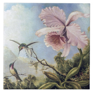 Two Hummingbirds and an Orchid Ceramic Tile