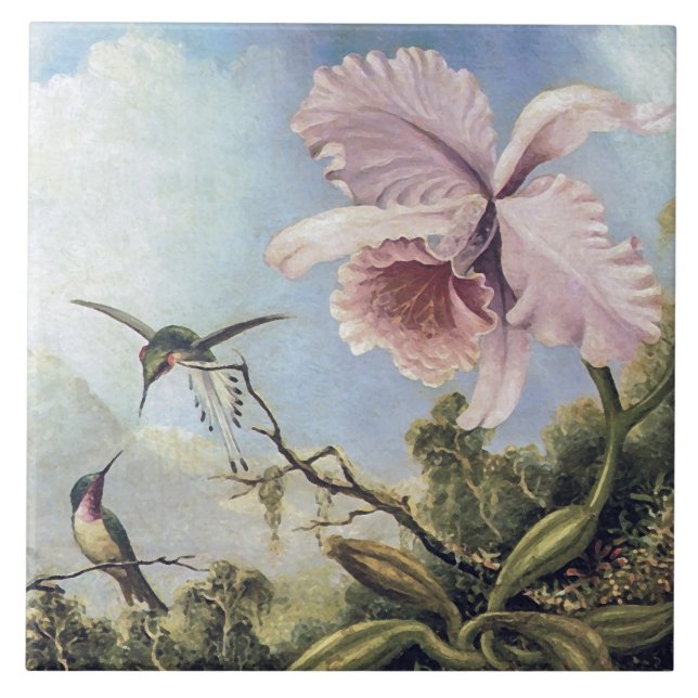 Two Hummingbirds and an Orchid Ceramic Tile (Front)