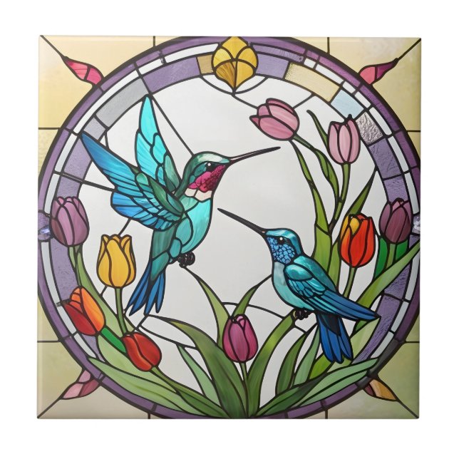 Two Hummingbirds & Tulip Flower Faux Stained Glass Ceramic Tile (Front)
