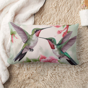 Two Hummingbirds with Pink Hibiscus Flower Lumbar Cushion
