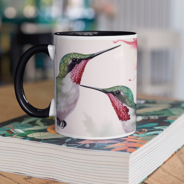 Two Hummingbirds with Pink Hibiscus Flower Two-Tone Coffee Mug (Two hummingbirds with trumpet flowers and a blush pink background on a two toned coffee mug )