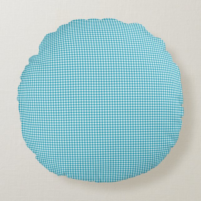 Two images of a round pillow with a blue chequered (Front)