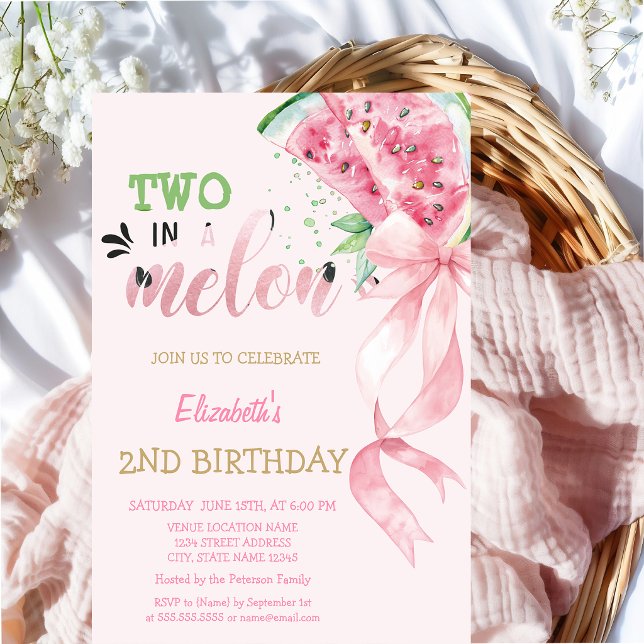 Two In A Melon Watermelons Pink Bow 2nd Birthday   Invitation (Creator Uploaded)