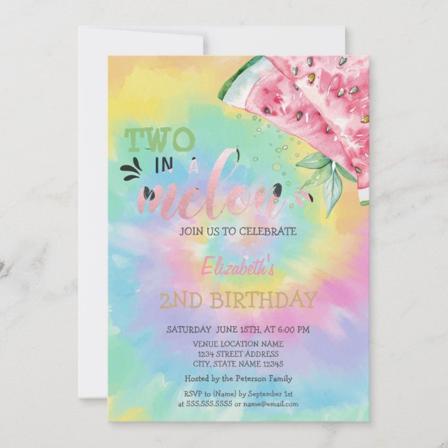 Two In A Melon Watermelons Tye Dye 2nd Birthday  Invitation (Front)