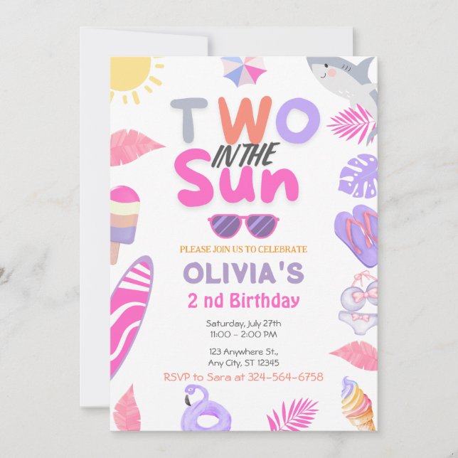 Two In The Sun Pink Girl Beach 2 nd Birthday Party Invitation (Front)