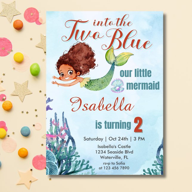 Two into the Blue Brown Mermaid Girls 2nd birthday Invitation (Creator Uploaded)