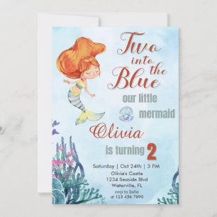 Two into the Blue Mermaid Girls 2nd birthday Invitation