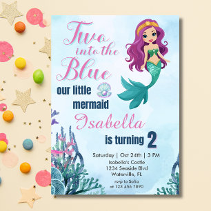 Two into the Blue Purpl Mermaid Girls 2nd birthday Invitation