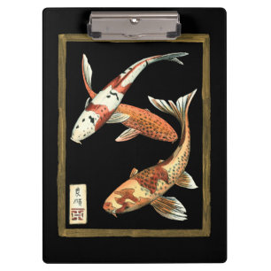 Two Japanese Koi Goldfish on Black Background Clipboard