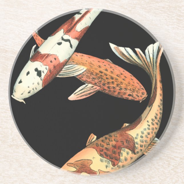 Two Japanese Koi Goldfish on Black Background Coaster (Front)
