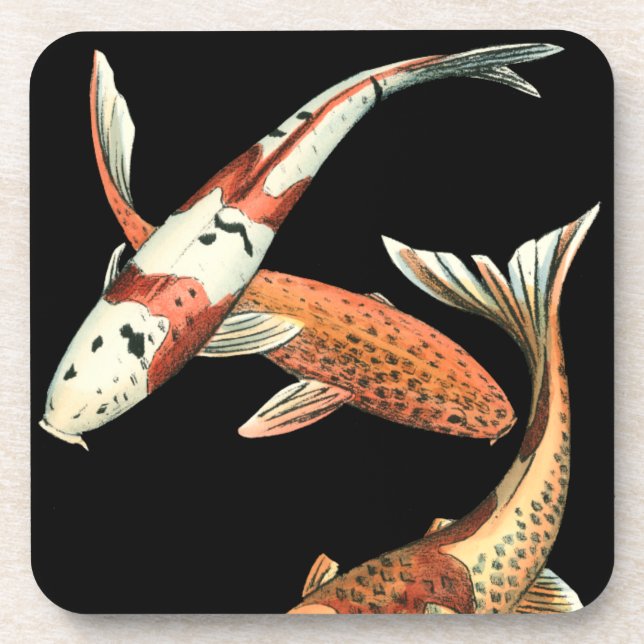 Two Japanese Koi Goldfish on Black Background Coaster (Front)