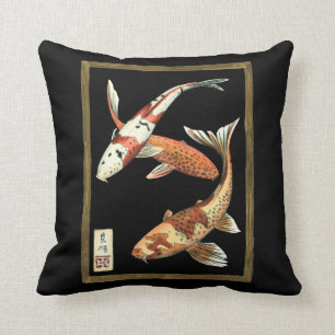 Two Japanese Koi Goldfish on Black Background Cushion