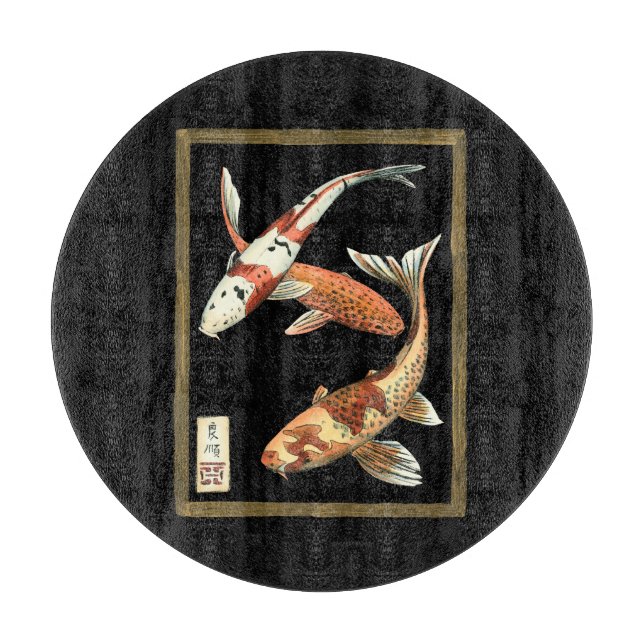 Two Japanese Koi Goldfish on Black Background Cutting Board (Front)