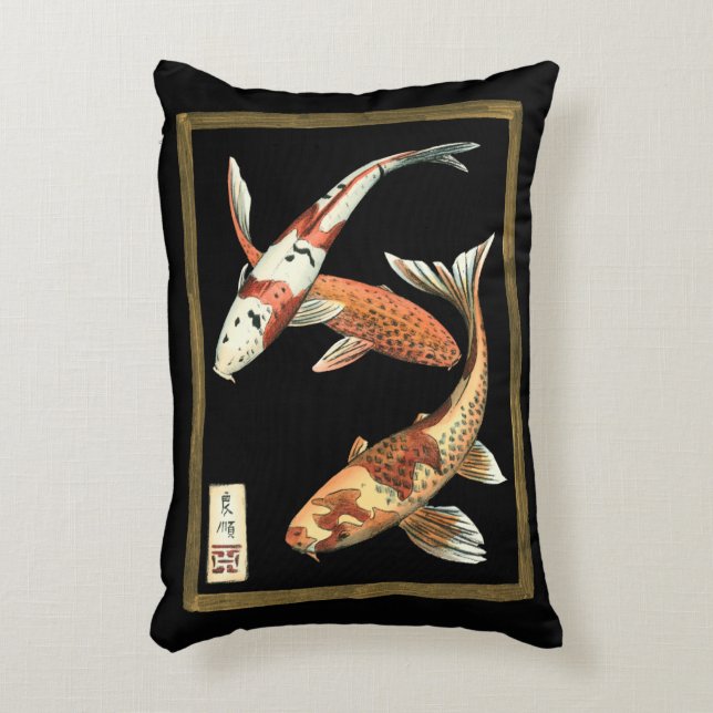 Two Japanese Koi Goldfish on Black Background Decorative Cushion (Front(Vertical))