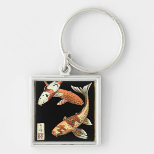 Two Japanese Koi Goldfish on Black Background Key Ring