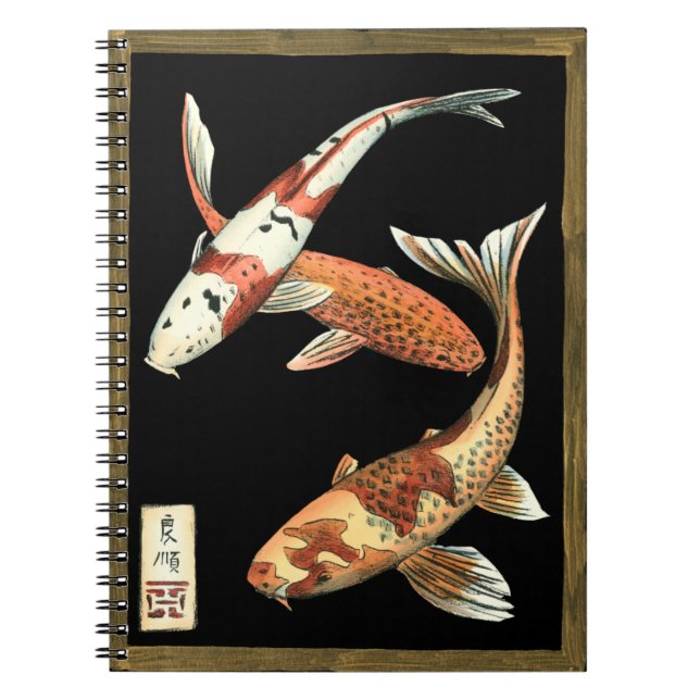 Two Japanese Koi Goldfish on Black Background Notebook (Front)