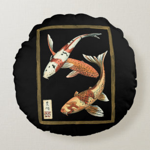 Two Japanese Koi Goldfish on Black Background Round Cushion