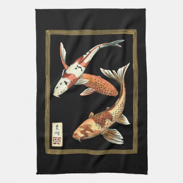 Two Japanese Koi Goldfish on Black Background Tea Towel (Vertical)