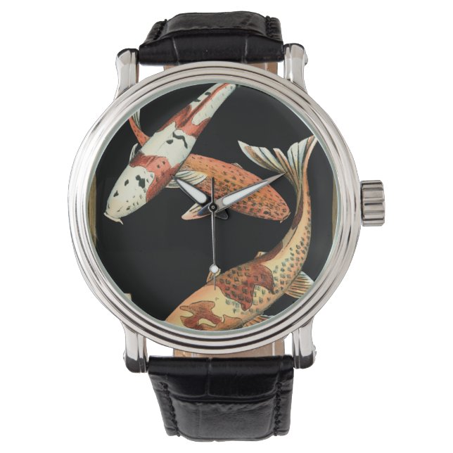 Two Japanese Koi Goldfish on Black Background Watch (Front)