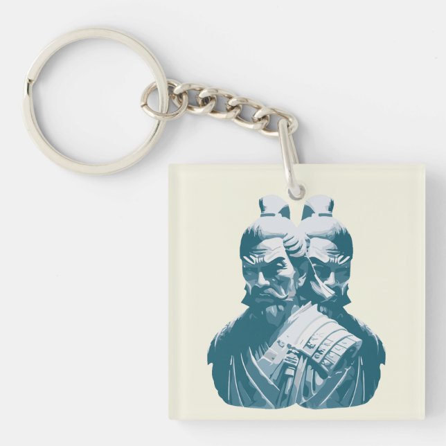 Two Japanese Samurai Statues Design Key Ring (Front)
