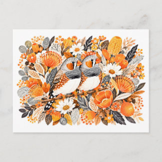 Two Java Sparrows Orange Black Beige Floral Illust Postcard