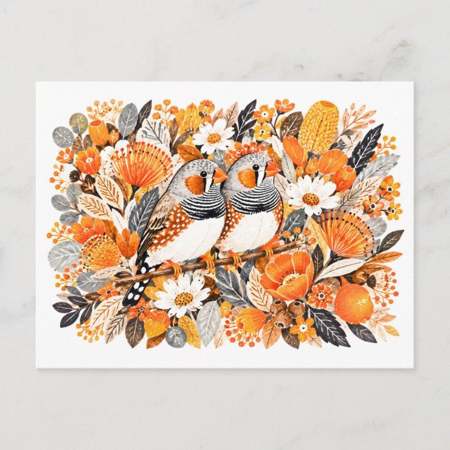 Two Java Sparrows Orange Black Beige Floral Illust Postcard (Front)