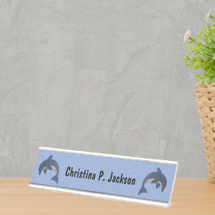 Two Jumping Sparkle Like Blue White Dolphins Desk Name Plate