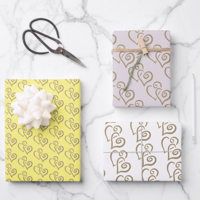 Two Khaki Coloured Linked Hearts Pattern  Wrapping Paper Sheet (Front)