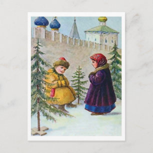 Two kids and Christmas trees under the walls Postcard