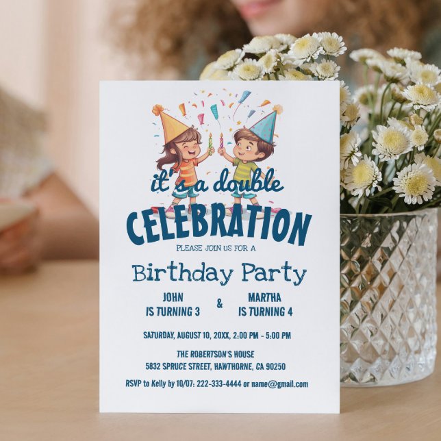Two Kids And Confetti Double Birthday Party Invitation (Creator Uploaded)