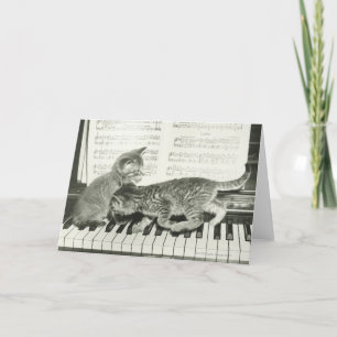 Two kitten playing on piano keyboard, (B&W) Card