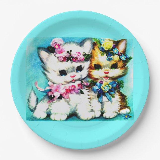 two kittens and lots of flowers paper plate (Front)