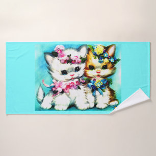 two kittens and lots of flowers print bath towel set