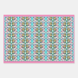 two kittens and lots of flowers print wrapping paper sheet