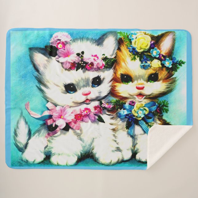 two kittens and lots of flowers sherpa blanket (Front (Horizontal))