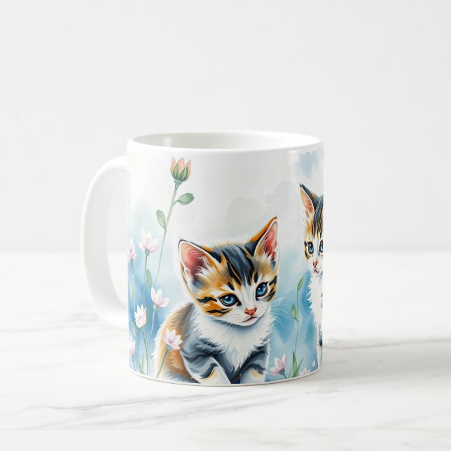 Two Kittens in a Floral Flower Garden Coffee Mug (Front Left)