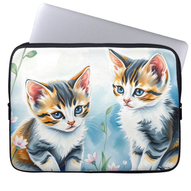 Two Kittens in a Floral Flower Garden Laptop Sleeve (Front)