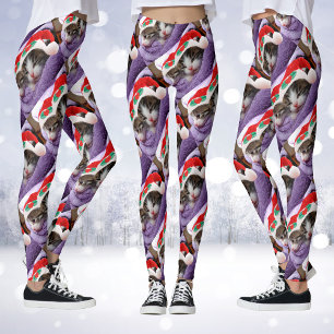 Two Kittens in Santa Hats Merry Christmas Leggings