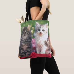 Two Kittens Sitting On A Red-Coloured Blanket Tote Bag