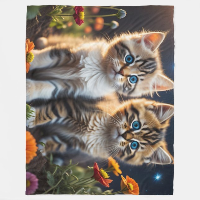 two kittens sitting together with colourful flower fleece blanket (Front)