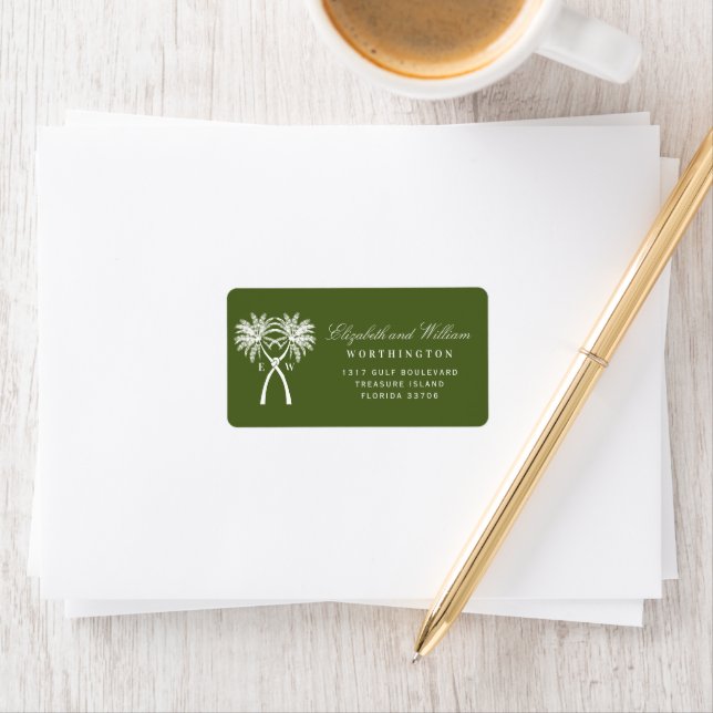 Two Knotted Palm Trees Tropical Wedding Address Label (Insitu)