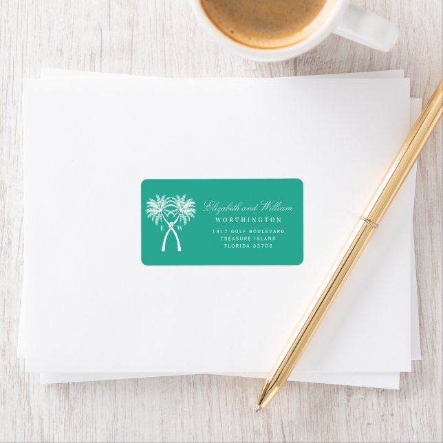 Two Knotted Palm Trees Tropical Wedding Address Label (Insitu)