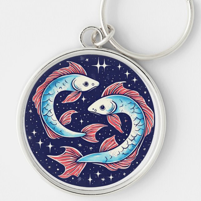 Two Koi Fish Swimming Under Starry Night Sky Key Ring (Front)