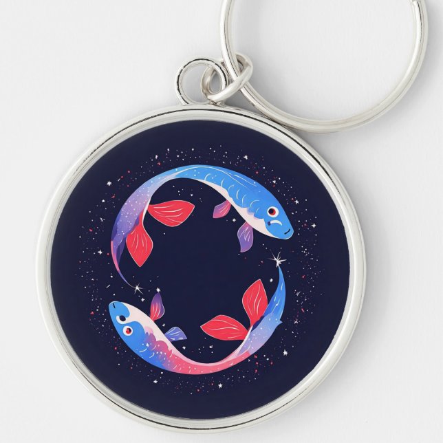 Two Koi Fish Swimming Under Starry Night Sky Key Ring (Front)