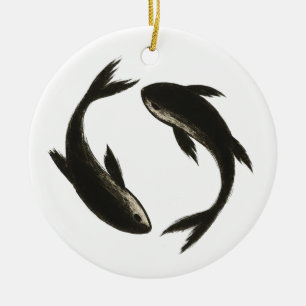 Two Koi – Ink Brush Fish on  Ceramic Ornament