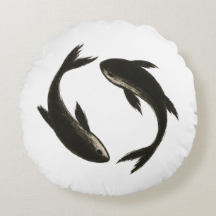 Two Koi – Ink Brush Fish on Round Cushion