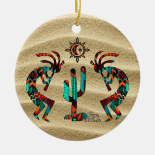 Two Kokoplelli Playing The Flute Ceramic Ornament