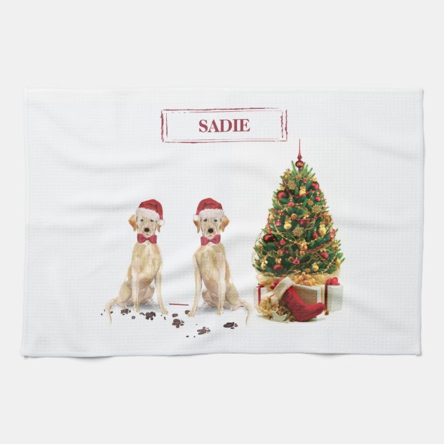 Two Labrador Retrievers Funny Christmas Dog Tea Towel (Horizontal)