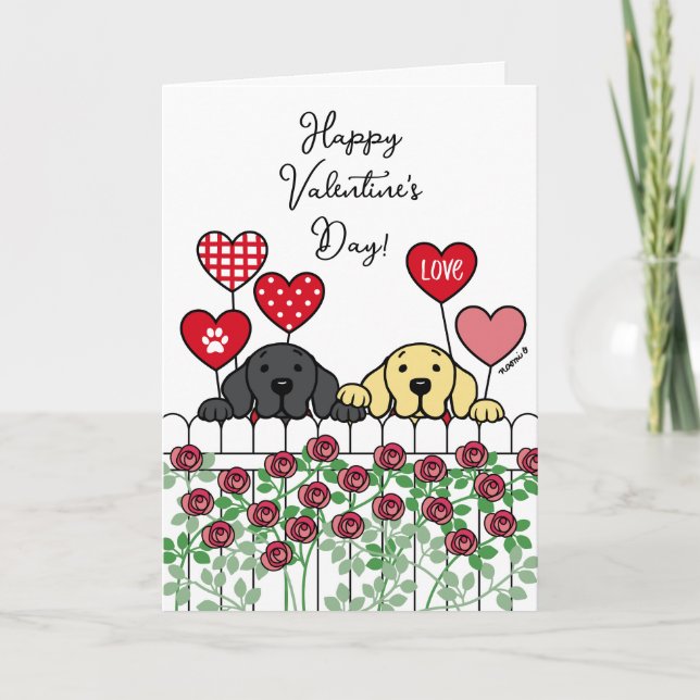 Two Labradors Watching Cartoon Roses Valentine Holiday Card (Front)
